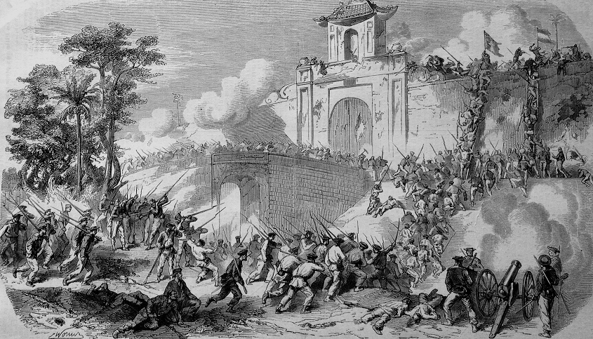 Les troupes françaises à l'attaque de Saïgon - dessin envoyé par L. Roux secrétaire de Charles Rigault de Genouilly